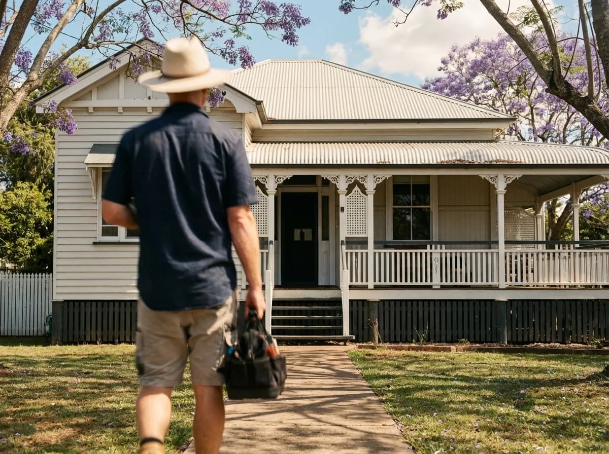 Glenn, licensed Toowoomba electrician, walking up to a Queenslander home