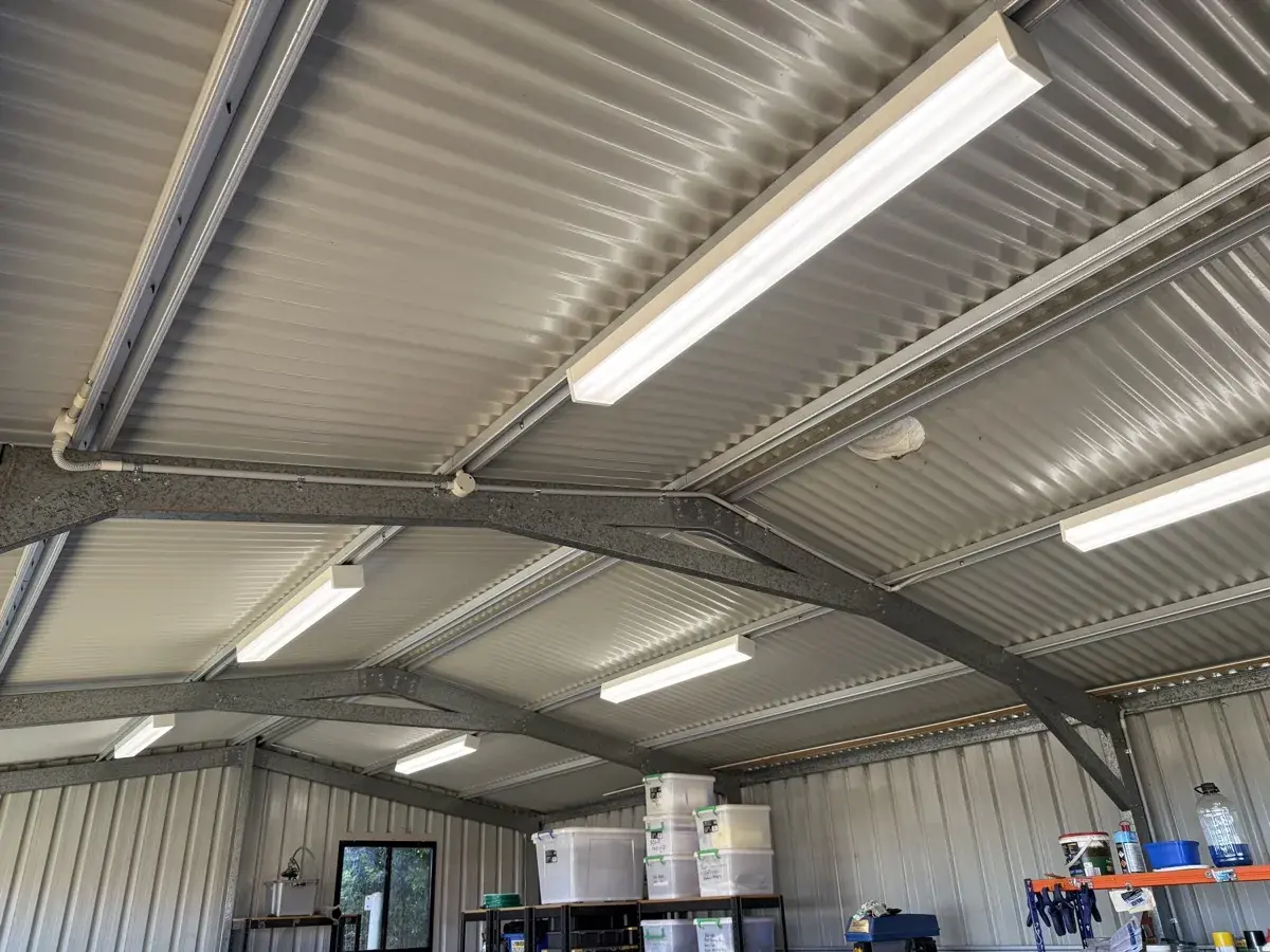 LED batten lights installed in Colorbond shed workshop by G-TEC Electrical