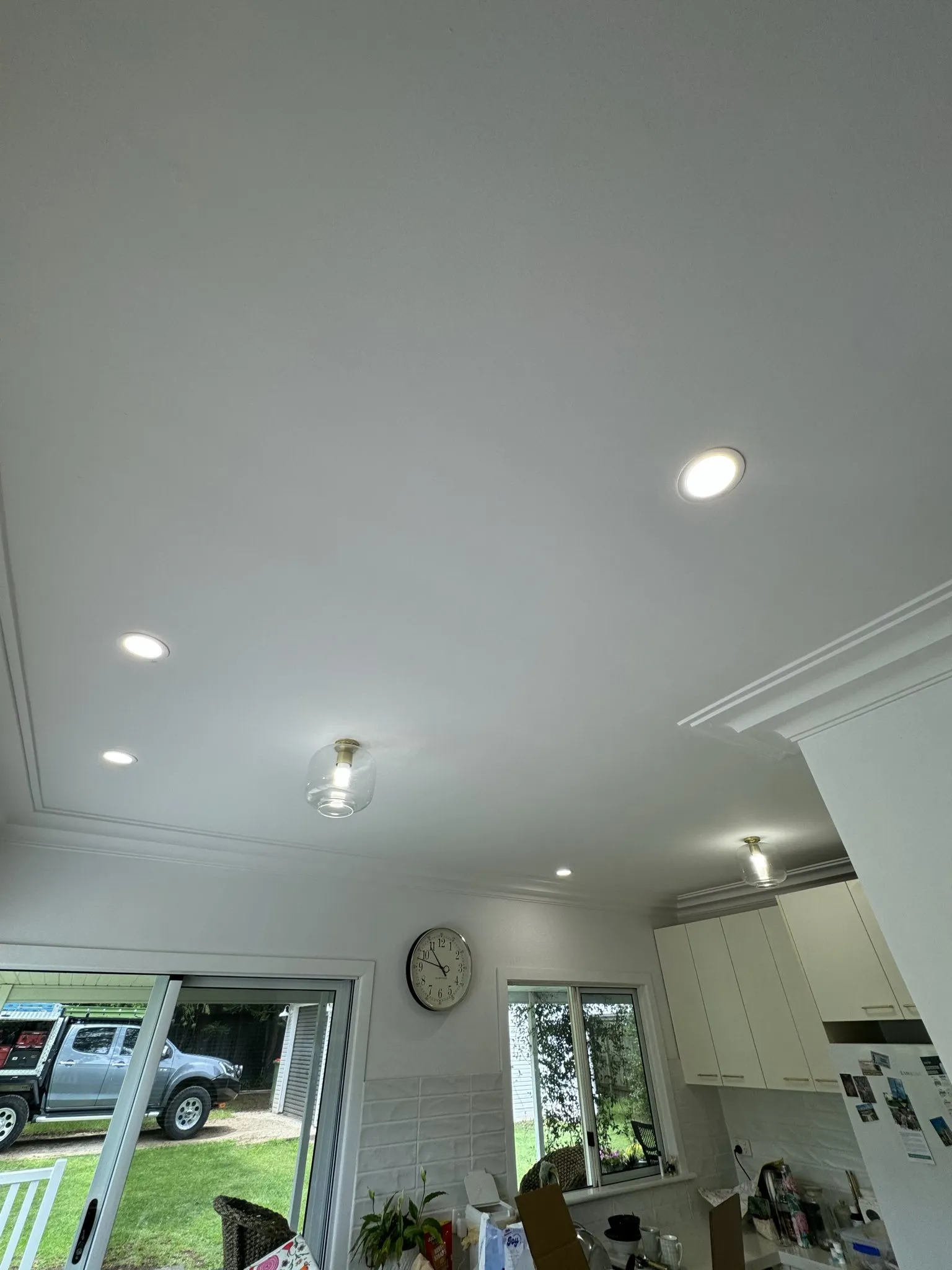 Modern kitchen pendant and downlight installation